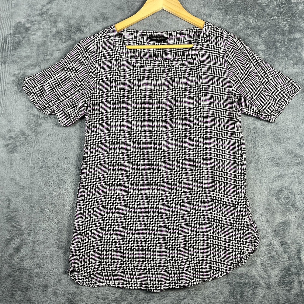 Banana Republic Tunic Top Womens Medium Multi Glen Plaid Curved Hem Side Slit
